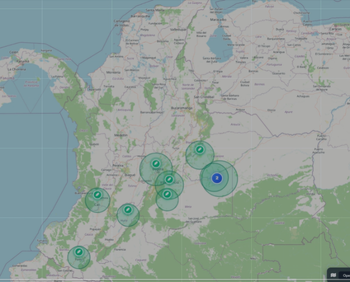 Mapa de cobertura y centros de distribución en Colombia
